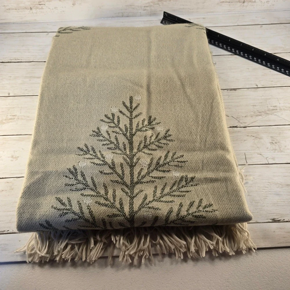 NWOT World Market Pine Tree Woven Throw Blanket Green Cream Fringe 50x60 OEKO-TE